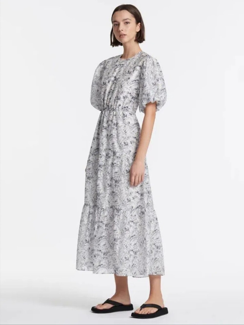 SIR The Label Caprice Open Back Puff Sleeve Tiered Midi Dress Blue Toile Floral